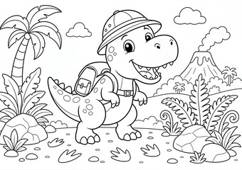 Fototapeta premium Cute Dinosaur Explorer in Prehistoric Landscape Coloring Page for Kids