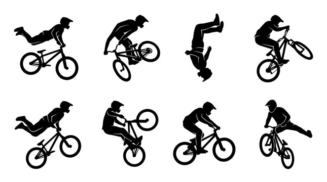 Silhouette illustrations of cyclist performing stunts.
