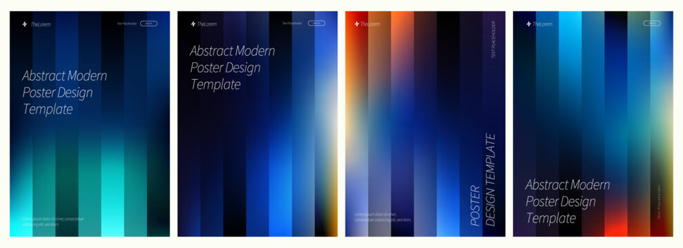Editable professional abstract modern poster design templates featuring vibrant vertical gradient bars and clean typography layouts for corporate branding
