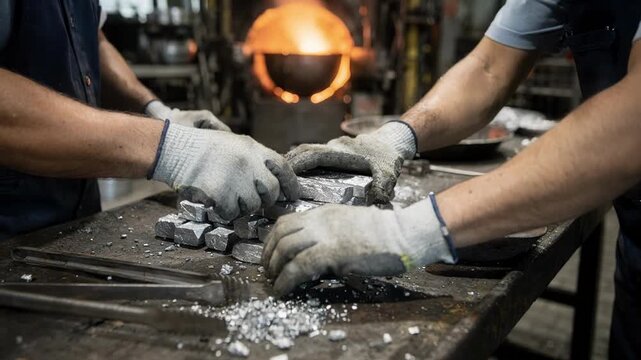 Medium shot of workers sorting bar solder pieces in a busy reclaiming workshop focusing on hands handling raw materials with industrial tools and molten metal in the background