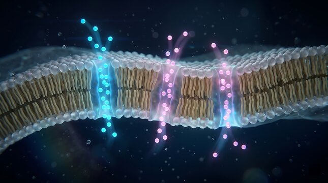 3D illustration of cell membrane lipid bilayer demonstrating active transport of glowing molecules