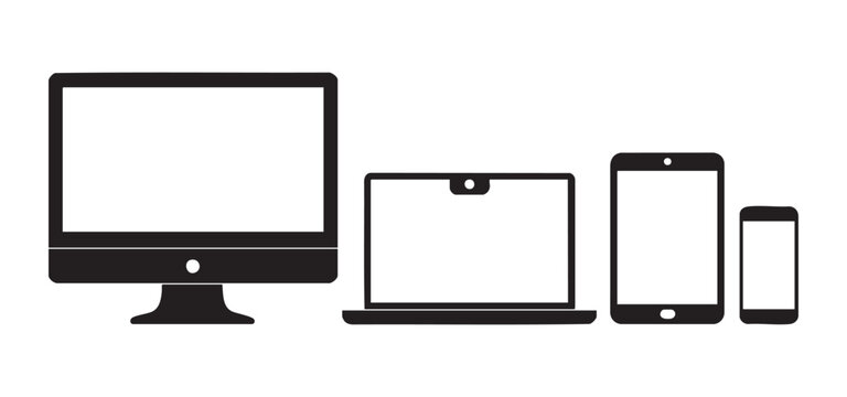 Computer Monitor Tablet and Smartphone Display Icons in Flat Black and White Vector Style for Ui Technology Themes