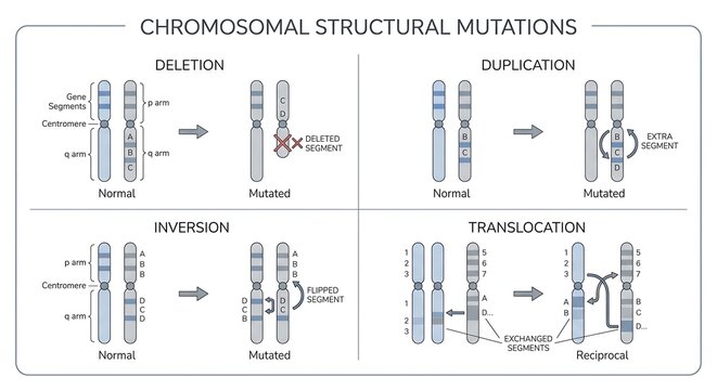 Educational infographic diagram of chromosomal structural mutations including deletion, duplication, inversion, and translocation
