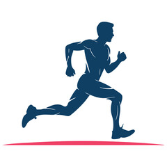 Fototapeta premium Runner Sprinting Side Silhouette Icon in Blue with Dynamic Motion Pose and Red Ground Line for Sports Branding