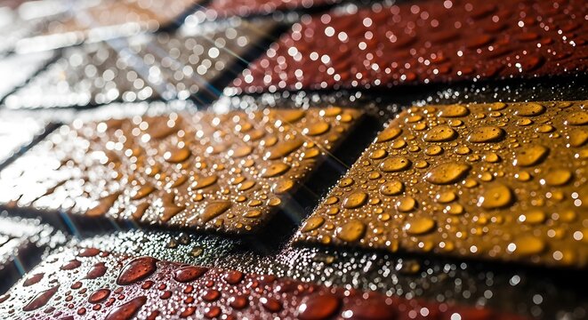 "Vibrant wet interlocking pavers in red, orange and yellow with water droplets, dramatic lighting, highly detailed"