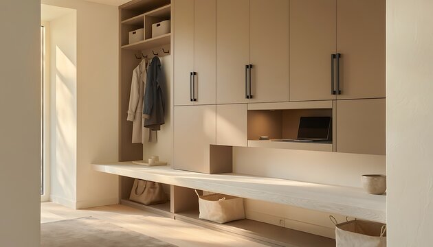 Ultra-realistic Modern Minimalist Entryway with Custom Built-in Storage Wall, Bench, and Organized Drop Zone