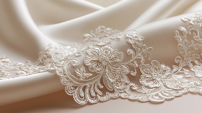 Ultradetailed flat lay of finely woven vintage lace on creamy silk backdrop highlighting ethereal floral patterns with soft focus edges and a minimalistic highkey fashion