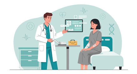 Fototapeta premium Medical Consultation: Doctor Provides Aid to Patient with Bandaged Injury in Hospital Room Setting