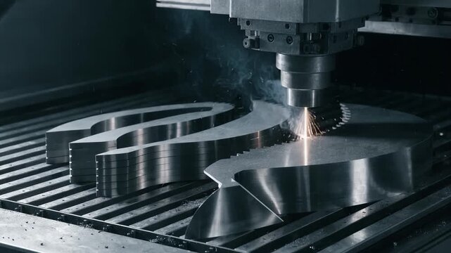 Side view of laser cutter slicing varying thickness steel plates into blade shapes focusing on different edge profiles and smooth sharp contours