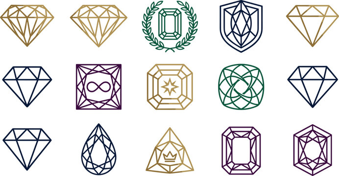 Luxury Diamond and Jewelry Gemstone Icon Set with Shield, Wreath, Crown, and Infinity Symbols for Premium Branding