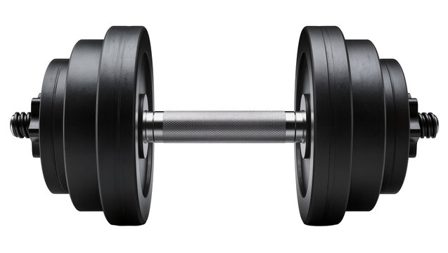 Heavy black adjustable dumbbell with textured metal grip, isolated on transparent background