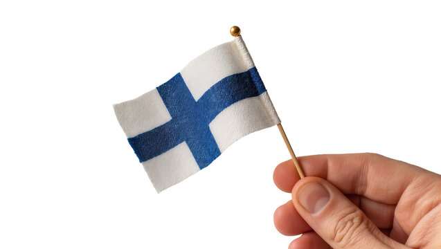 Hand holding small Finnish flag with blue cross on white field, isolated on transparent background