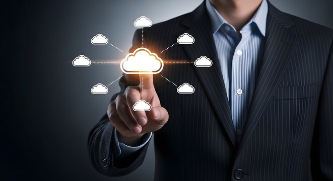 Cloud cost optimization business professional interacting with cloud computing network