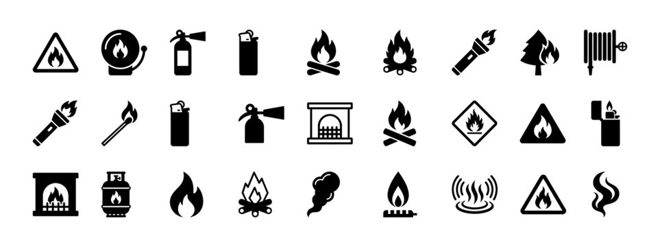 Fire Safety and Emergency Equipment Icon Set Black Glyph Vector Collection