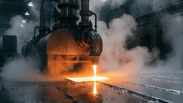 Medium shot of industrial machinery casting refined lead sheets emphasizing the precision and control in secondary lead smelter operations