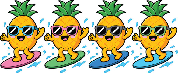 Obraz premium Cute Kawaii Pineapple Surfing Character Collection Featuring Summer Vacation Beach Fun Cartoon Vector Illustration