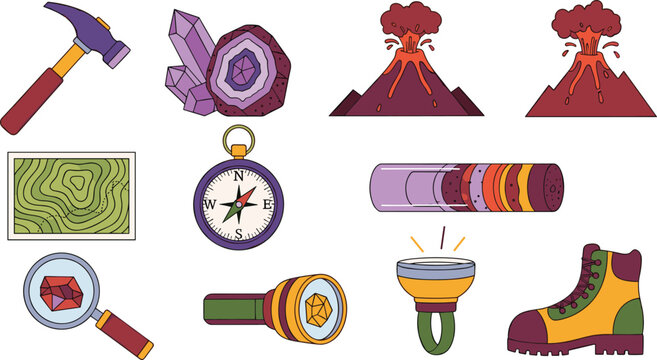Geology and Volcanology Exploration Vector Icon Set with Volcanoes Crystals Rock Hammers Core Samples and Hiking Boots