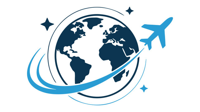 Globe Travel Logo with Blue Aircraft, Orbit Swooshes, and Star Accents Over the World Map Featuring Airplane, Flight, Tourism with Aviation