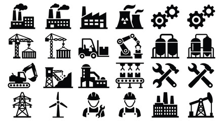 Fototapeta premium Industrial icons set factories machinery construction energy and worker silhouettes collection
