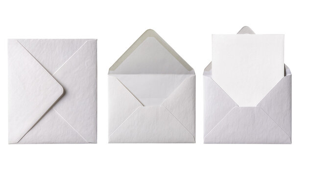 Three white paper envelopes one closed one open one with card, isolated on transparent background