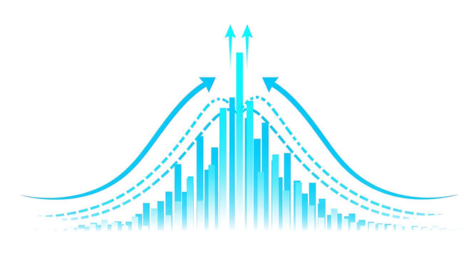Bell curve distribution graph with upward trend arrows distribution statistical analytics business analysis performance information planning financial strategy