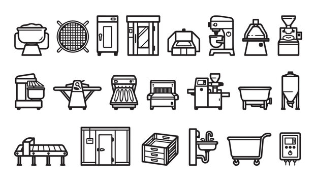 Industrial bakery and food processing equipment line icons collection