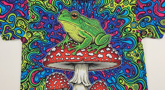 Vibrant, psychedelic frog on a mushroom with swirling colorful patterns