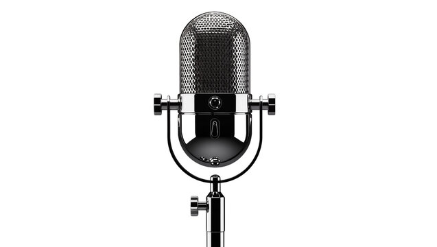 Vintage chrome microphone with mesh grille, isolated on transparent background