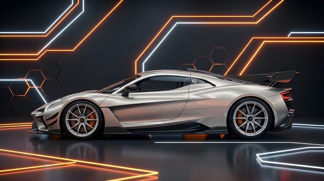 Futuristic silver supercar in high-tech garage, sleek modern sports car with neon orange lighting, aerodynamic luxury vehicle in digital studio