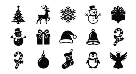 Black silhouette christmas icons set tree reindeer snowflakes snowman gifts and holiday decorations © Arfan24