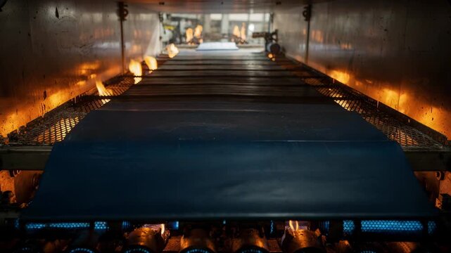 Medium shot of a gasfired rubber drying tunnel interior showing intense heat and flames beneath perforated trays transporting rubber sheets for efficient curing