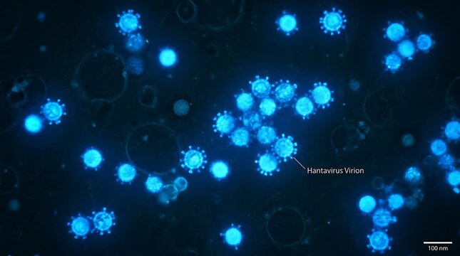 Microscopic view of glowing blue cells, some with spiky surfaces, against a dark background, resembling viruses or bacteria.