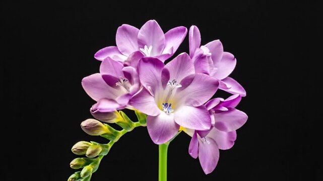 Time lapse of purple freesia flowers blooming, blossoming, and then wilting against a dark background.