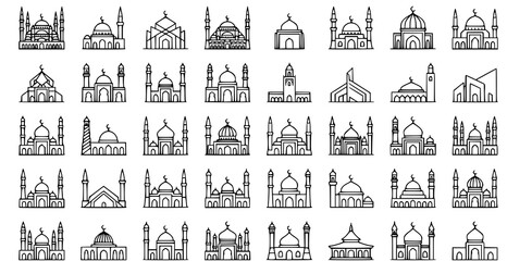 Mosque outline icon set with Islamic architecture symbols in modern editable vector line style © MSTROJINA