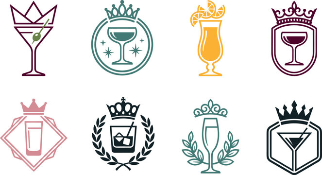 Luxury Cocktail and Bar Emblem Set with Royal Crown, Martini Glass, and Laurel Wreath Badges for Lounge Branding
