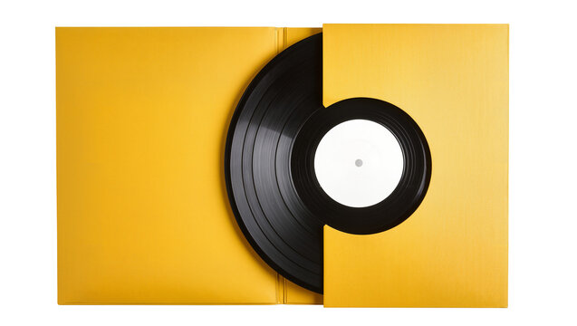 Black vinyl record with white label in yellow sleeve, isolated on transparent background