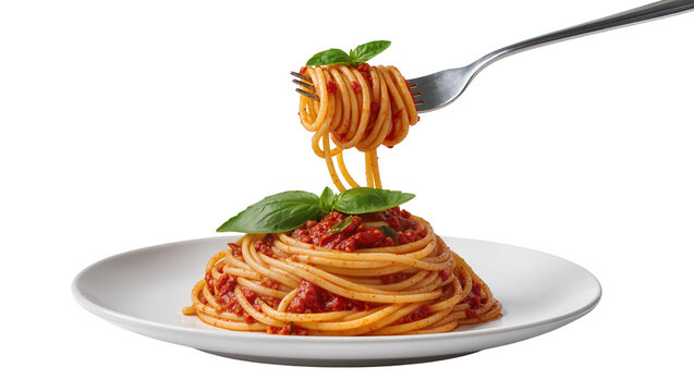 Spaghetti with tomato sauce and basil twirled on a fork, isolated on transparent background