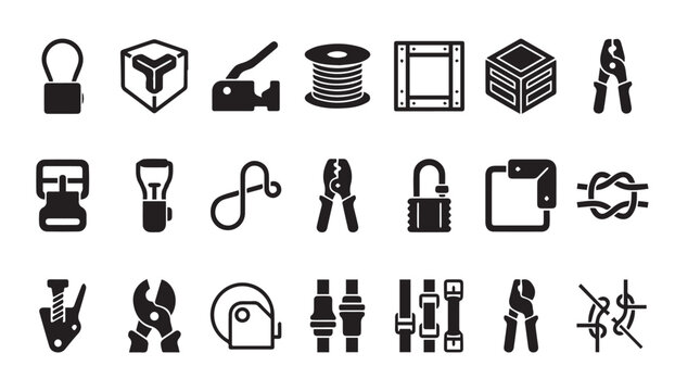 Industrial tools and cargo securing equipment icons with industrial, equipment