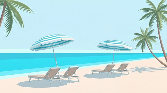Beautiful tropical beach coast panorama with lounge chairs, umbrellas, and palm tree silhouettes.