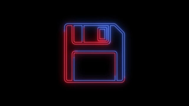 Neon glowing red blue floppy disk drive icon on dark background