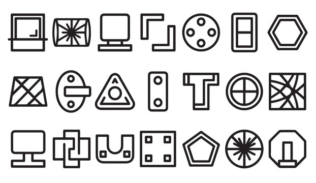 Geometric and architectural structural icon set in black line art with geometric
