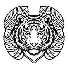 Obraz premium Black and white vector illustration of a tiger head framed by tropical jungle leaves, presented in a bold line art style.