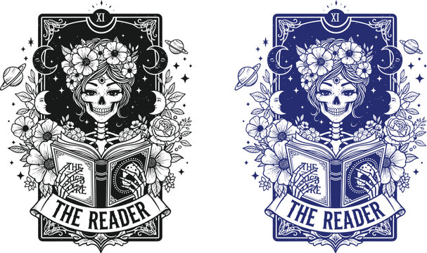 Halloween skeleton tarot card design the reader major arcana illustration