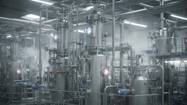 Medium shot of advanced machinery refining lowaromatic petroleum fractions highlighting controlled processing stages for enhanced ink stability and performance in printing