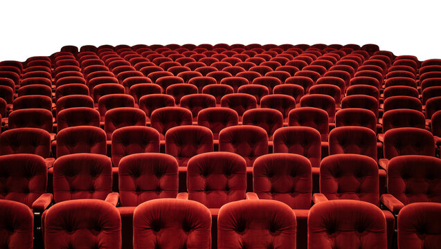 Rows of plush red velvet theater seats, isolated on transparent background