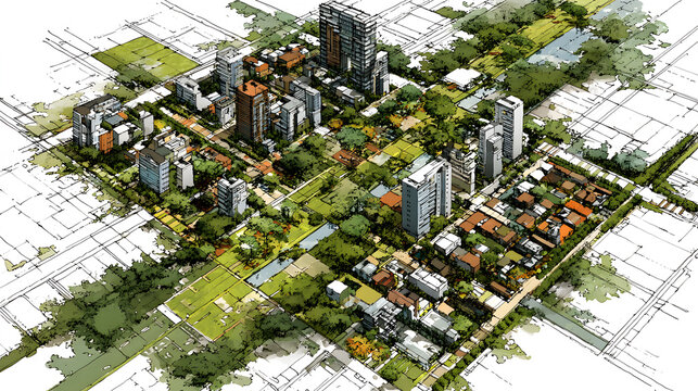 Top down city plan layout with zones and color coded areas.