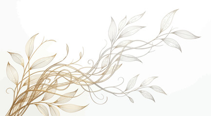 Elegant gold line art botanical illustration of flowing branches with leaves © Saharia