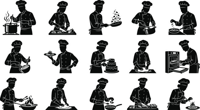 Female chef silhouettes vector set with professional woman cooks cooking baking frying and serving delicious restaurant food