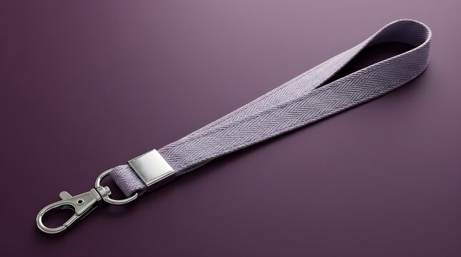 Purple fabric lanyard with metal lobster claw clasp, professional neck strap for ID badges, textile cord with silver hardware on dark background