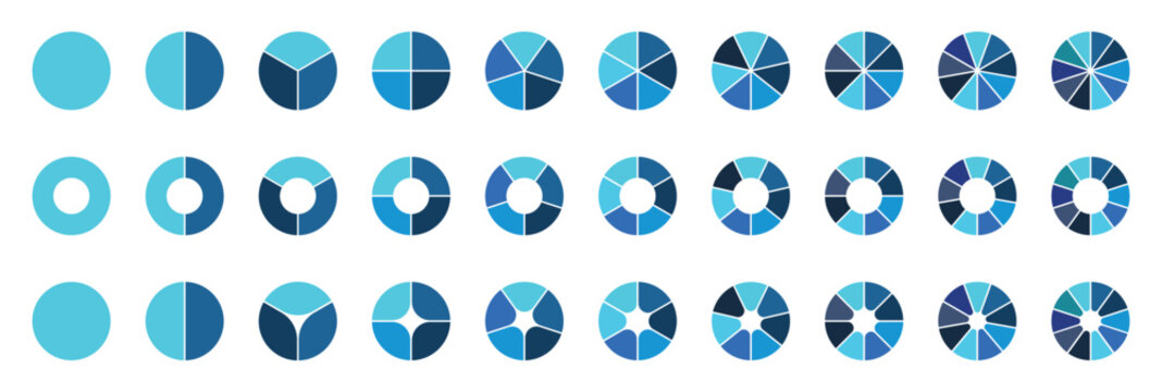 Pie chart set. Colorful diagram collection with 2,3,4,5,6,7,8,9,10 sections or steps. Circle icons for infographic, UI, web design,business presentation.Set of colorful pie chart.Circle section graph.